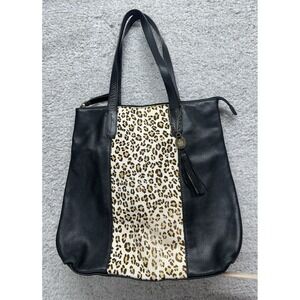 Crown Vintage Black Leather Tote Shoulder Bag Animal Print Zipper Pocket